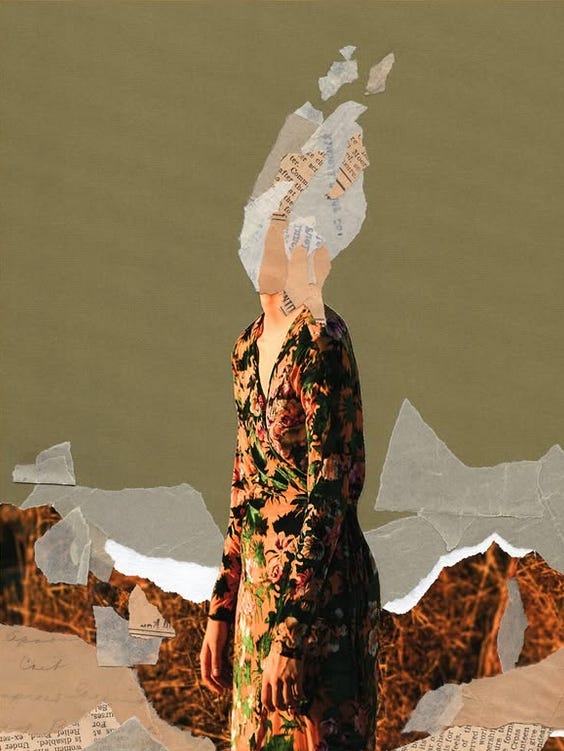 colagem manual, com um corpo voltado para o espctador, mas a cabeça são retalhos de papel, assim como o fundo