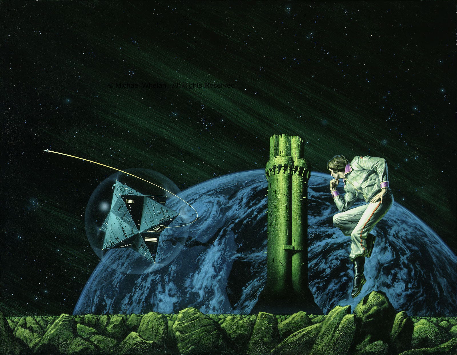 A man in white jumpsuit rests his chin on his hand contemplatively as he hangs weightless in front of a clouded planet. His right leg is drawn up so that his elbow rests on his thigh with his other hand settled on the opposite hip and that leg pointed to extension. It's a pose only comfortable—or possible—in zero gravity. The line of his eyes leads left to a geometric shape formed from two intersecting tetrahedrons. A transparent bubble surrounds that ship. From a docking bay on the underside, a rocket burns away in a sweeping arc. The immediate foreground of the painting is a line of green tinted rocks which constrains our view of the planet to its upper hemisphere. A stone tower rises between the man and ship to bisect the planet beyond. Streaks of green run diagonally across the starfield backdrop. A man in white jumpsuit rests his chin on his hand contemplatively as he hangs weightless in front of a clouded planet. His right leg is drawn up so that his elbow rests on his thigh with his other hand settled on the opposite hip and that leg pointed to extension. It's a pose only comfortable—or possible—in zero gravity. The line of his eyes leads left to a geometric shape formed from two intersecting tetrahedrons. A transparent bubble surrounds that ship. From a docking bay on the underside, a rocket burns away in a sweeping arc. The immediate foreground of the painting is a line of green tinted rocks which constrains our view of the planet to its upper hemisphere. A stone tower rises between the man and ship to bisect the planet beyond. Streaks of green run diagonally across the starfield backdrop.
