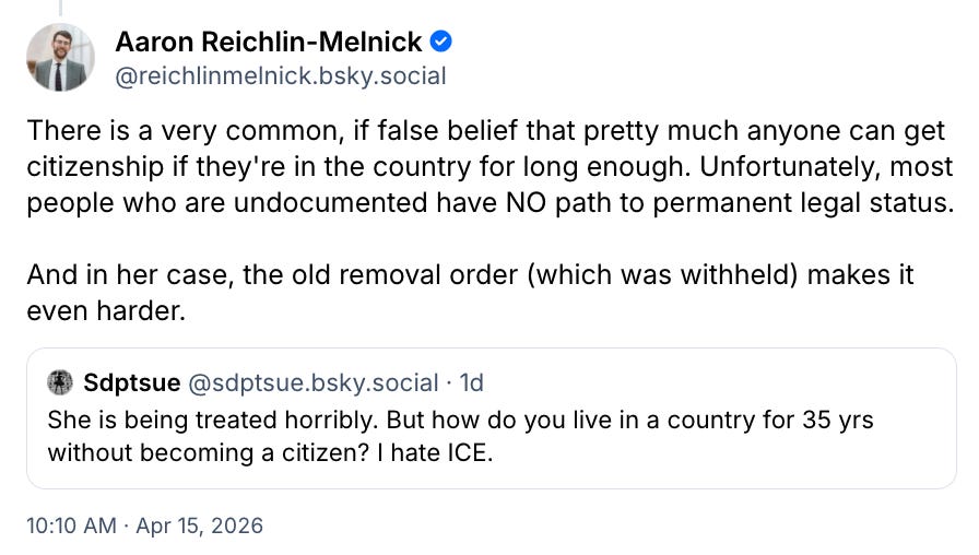 Screenshot of Bluesky post from Aaron Reichlin-Melnick on April 15, 2026 https://bsky.app/profile/reichlinmelnick.bsky.social/post/3mjk6jt6aj22e