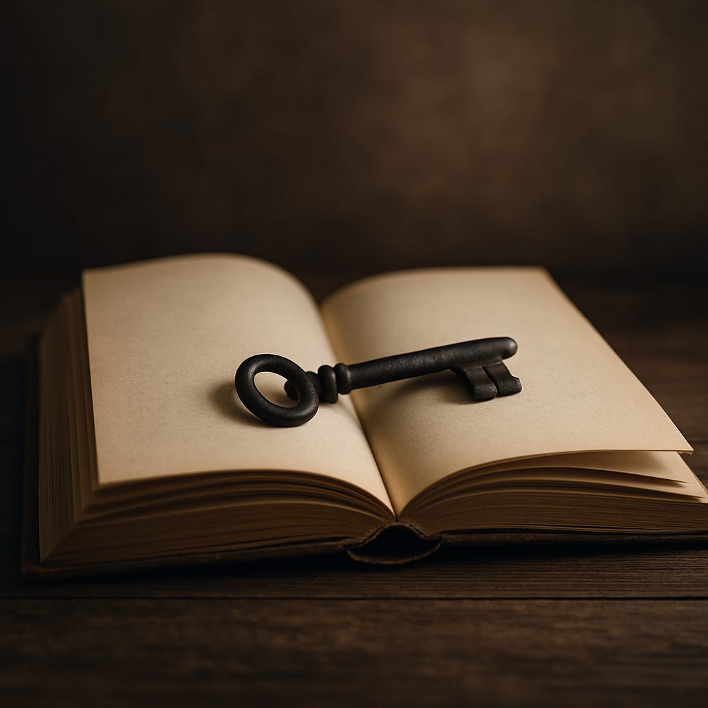 An old, open hardcover book on a rustic wooden table with a vintage iron key resting across its blank pages, softly lit in warm tones.