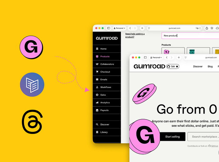 gumroad pages and logos of threads, carrd and gumroad
