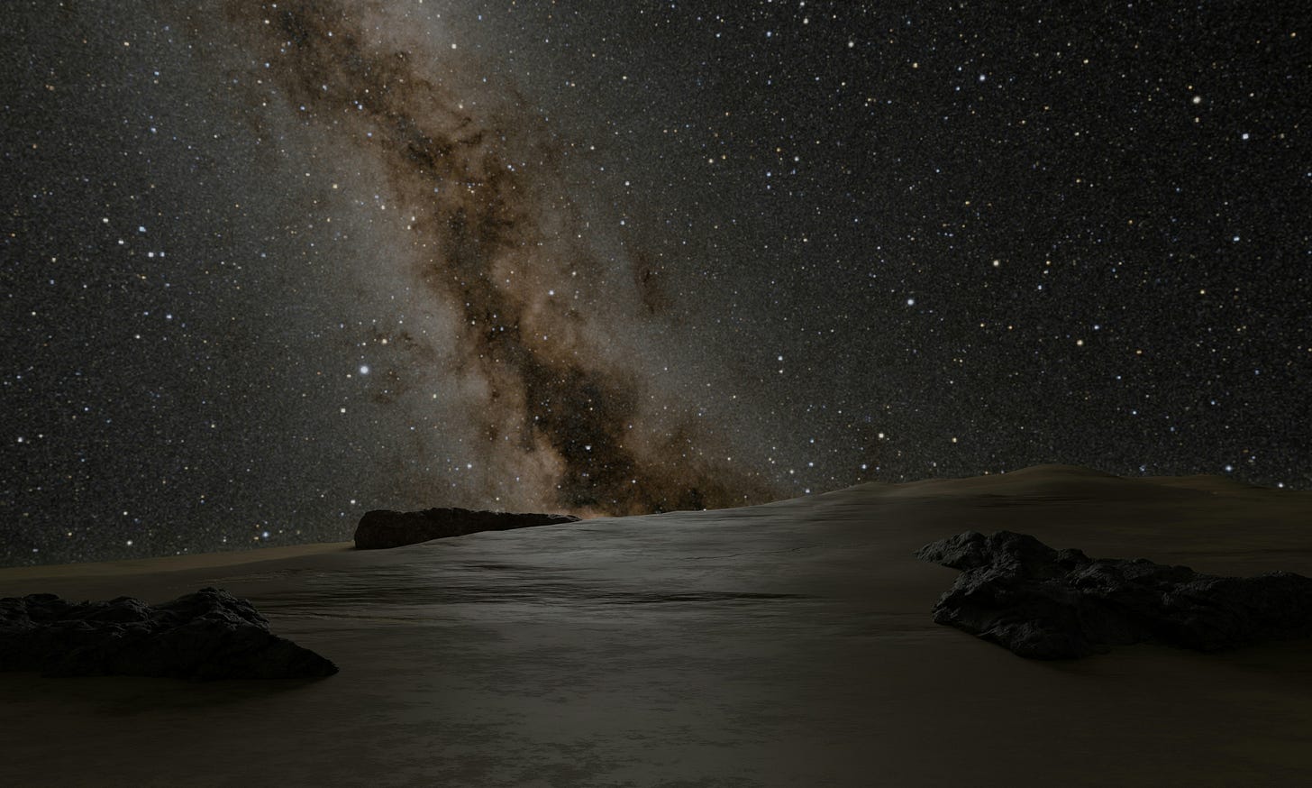 A barren landscape with a sky full of stars. 