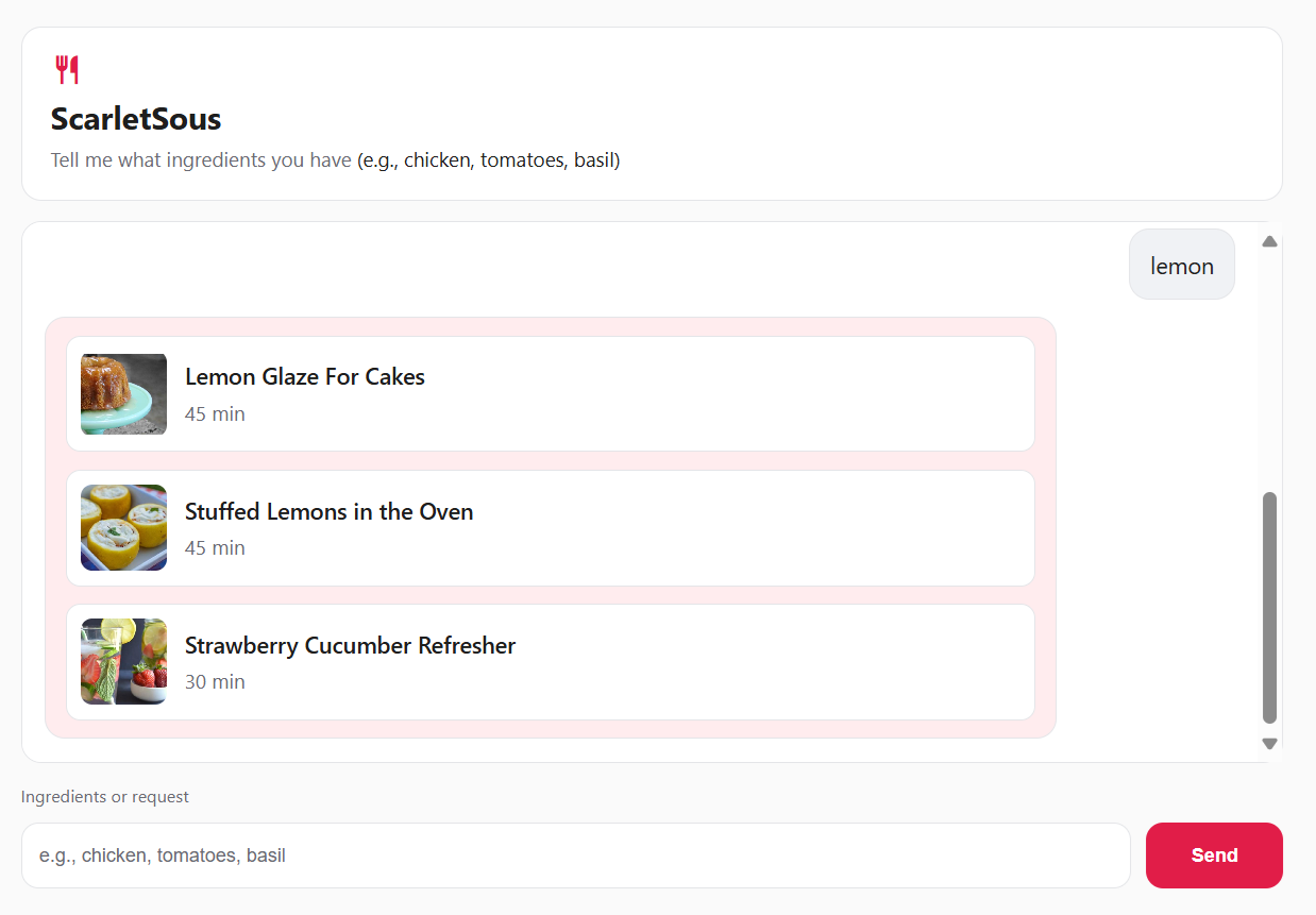ScarletSous recipe finder UI listing recipes with thumbnails, cook times, and serving sizes.