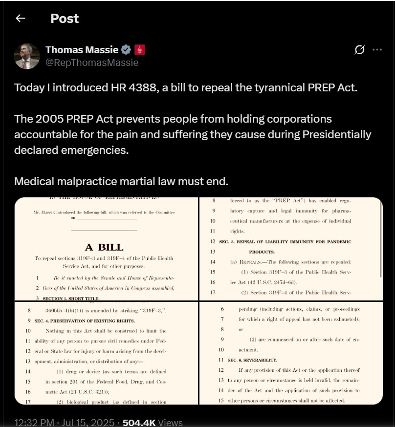 🔥PREP ACT REPEAL Legislation! Rep. Massie Introduces PREP Repeal Act to End "Medical Malpractice Martial Law". 🔥PREP ACT REPEAL Legislation! Rep. Massie Introduces PREP Repeal Act to End "Medical Malpractice Martial Law".