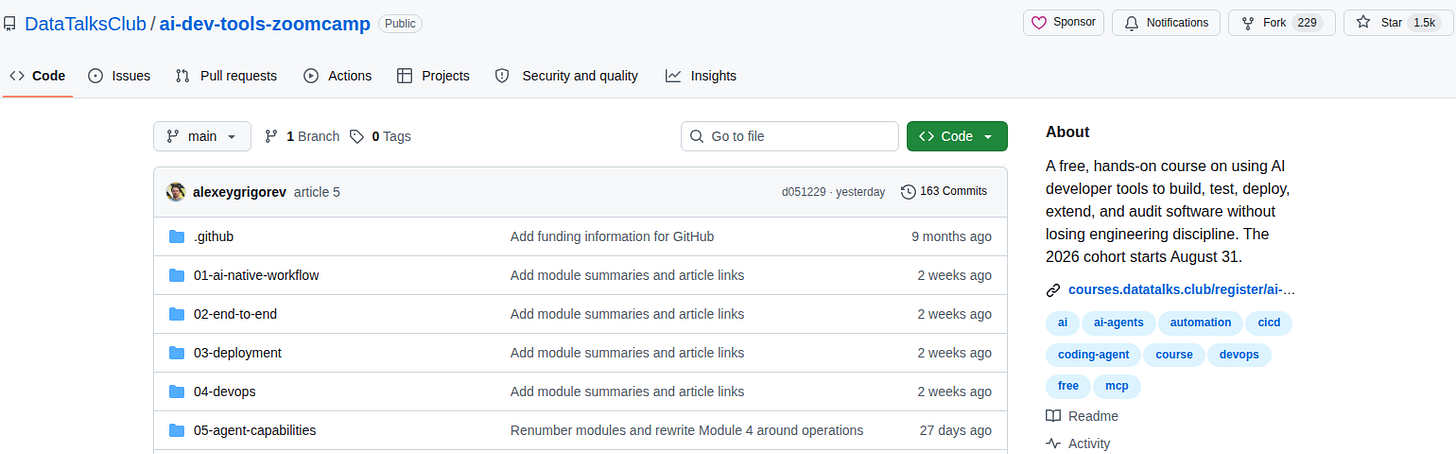 The AI Dev Tools Zoomcamp GitHub repository shows folders for the five course modules and a description of the course