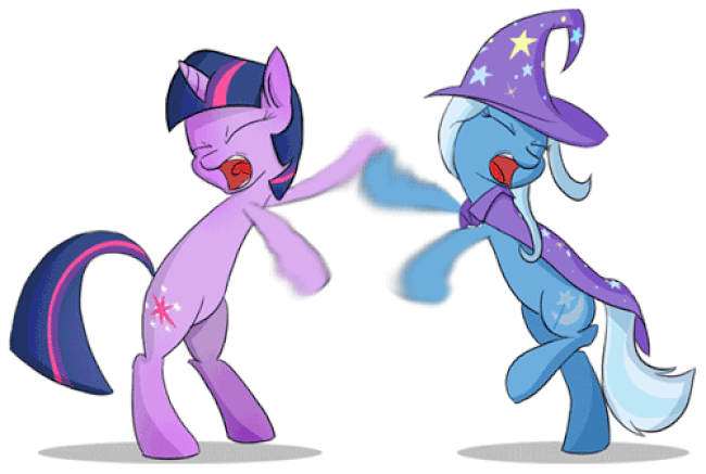 Animated gif image of My Little Pony characters Twilight Sparkle and Trixie Lulamoon having a slap fight, both of them standing on their hind legs like humans and flailing with their front hooves while turning their heads away from each other and screaming.