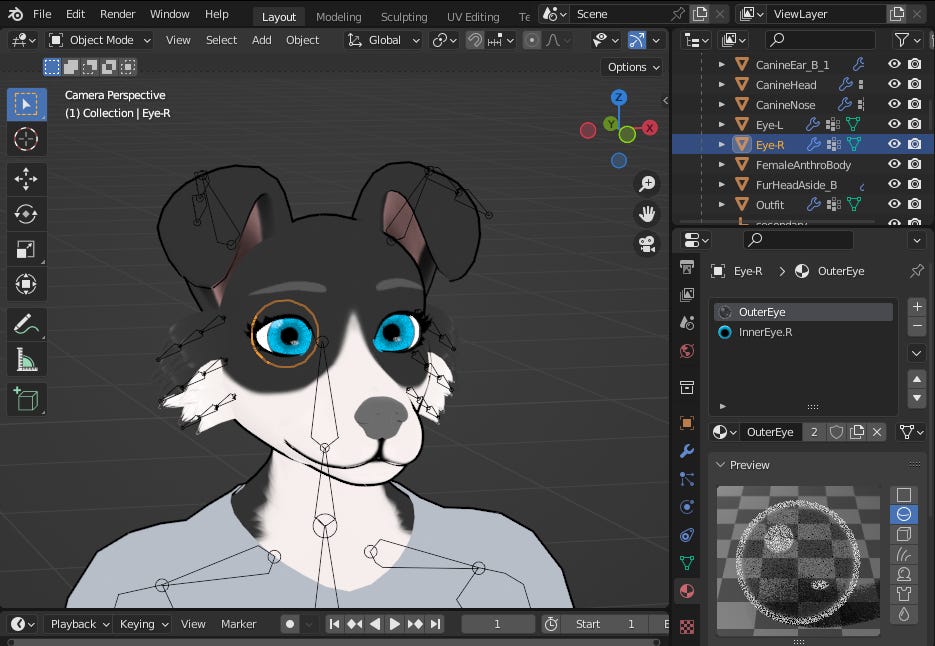 Blender 3D viewport, camera perspective. 3D/VRM model, a female anthropomorphic border collie in A-pose, using a t-shirt. Viewport shading is 'Material Preview'. Obejct mode is selected. Right Eye is selected in Outliner. Below, in Material Properties, the material called OuterEye is selected.