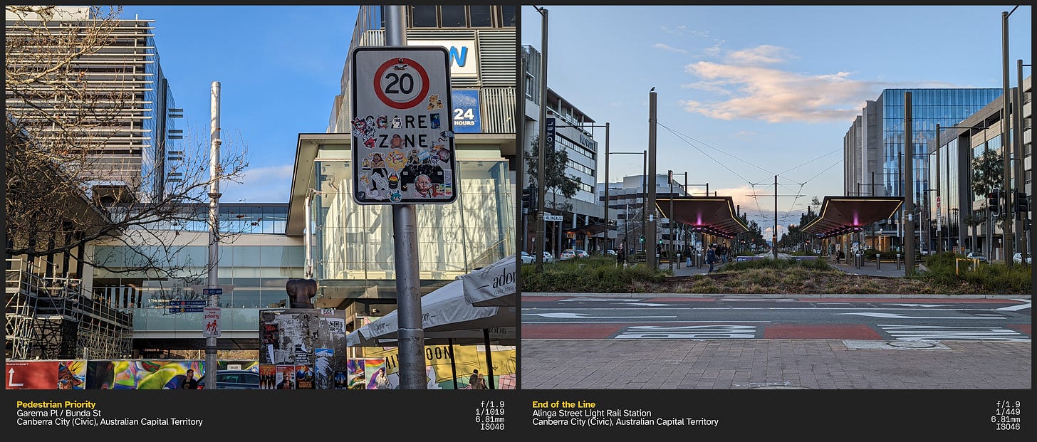 Left: A speed limit sign reading "[Speed Limit] 20. Share Zone" filled and obscured with stickers. Surrounding the sign are restaurant umbrellas and buildings; Right: The center-framed tram terminus station with many people waiting on the left platform. On the left and right of the station are a row of buildings and cars