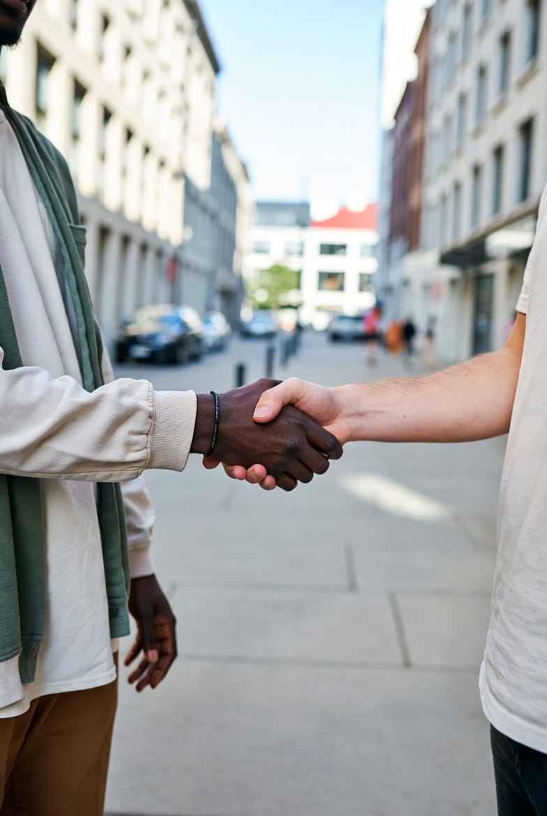 A photograph of two individuals shaking hands in an urban setting, capturing a candid moment. A photograph of two individuals shaking hands in an urban setting, capturing a candid moment.