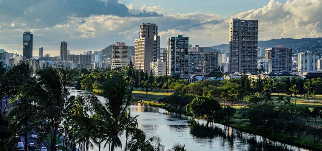 a body of water with trees and buildings around it