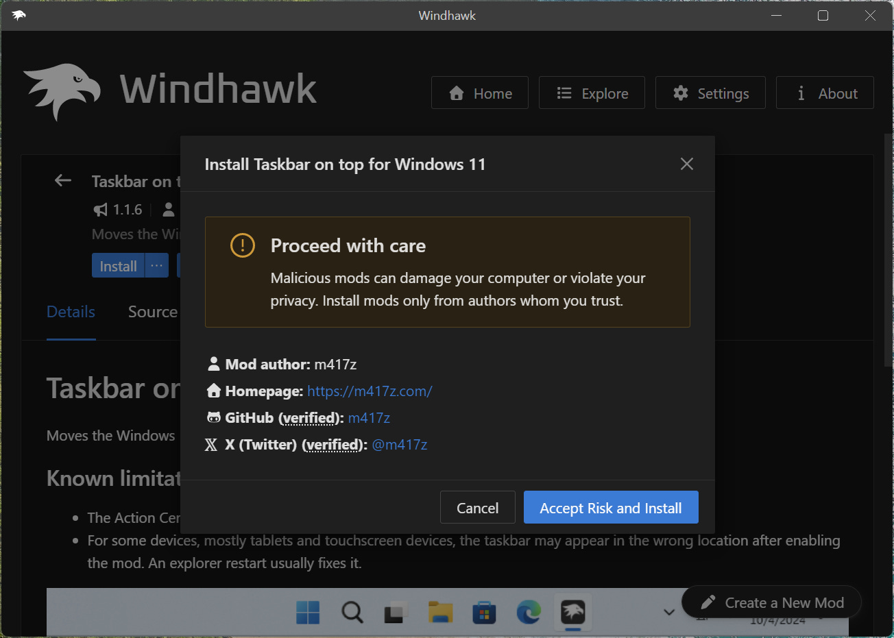 Windhawk's security warning during mod installation.
