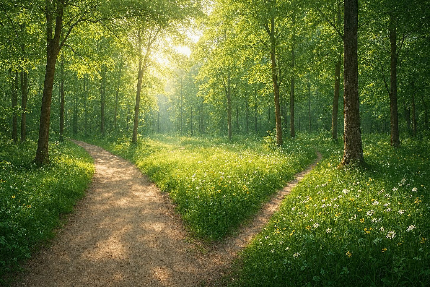 A photograph of a sunlit forest with a fork in the path, symbolizing the choice between a common route and a unique, personal journey.