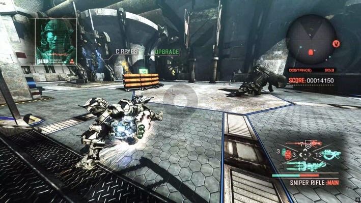 Sam Gideon sliding in combat, in the game Vanquish. The UI is apparent, he is in a space station. A codec call is happening on the top left. The Sniper Rifle is equipped.