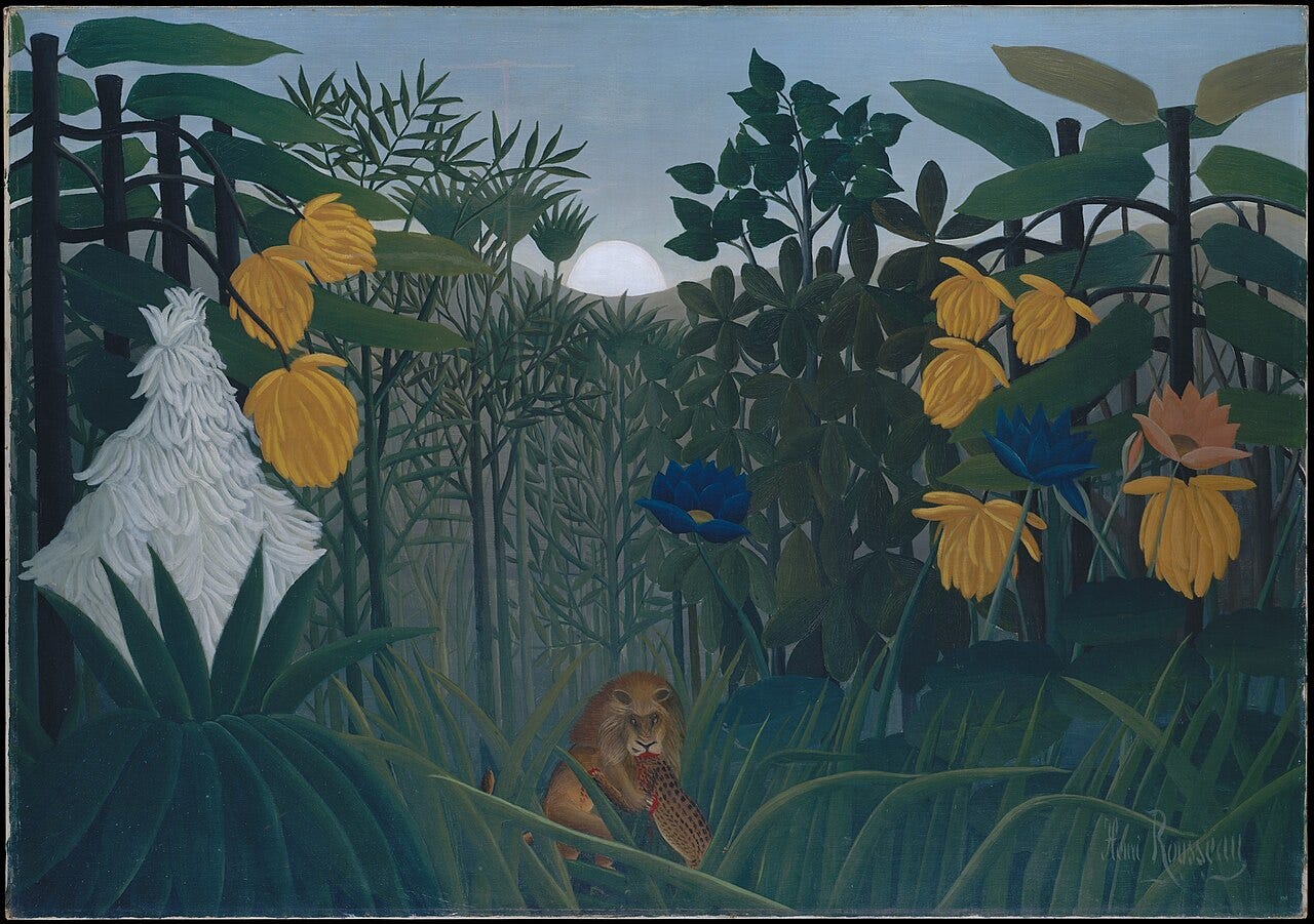 A lion in a dense imaginary jungle of giant leaves, flowers and dark foliage A lion in a dense imaginary jungle of giant leaves, flowers and dark foliage