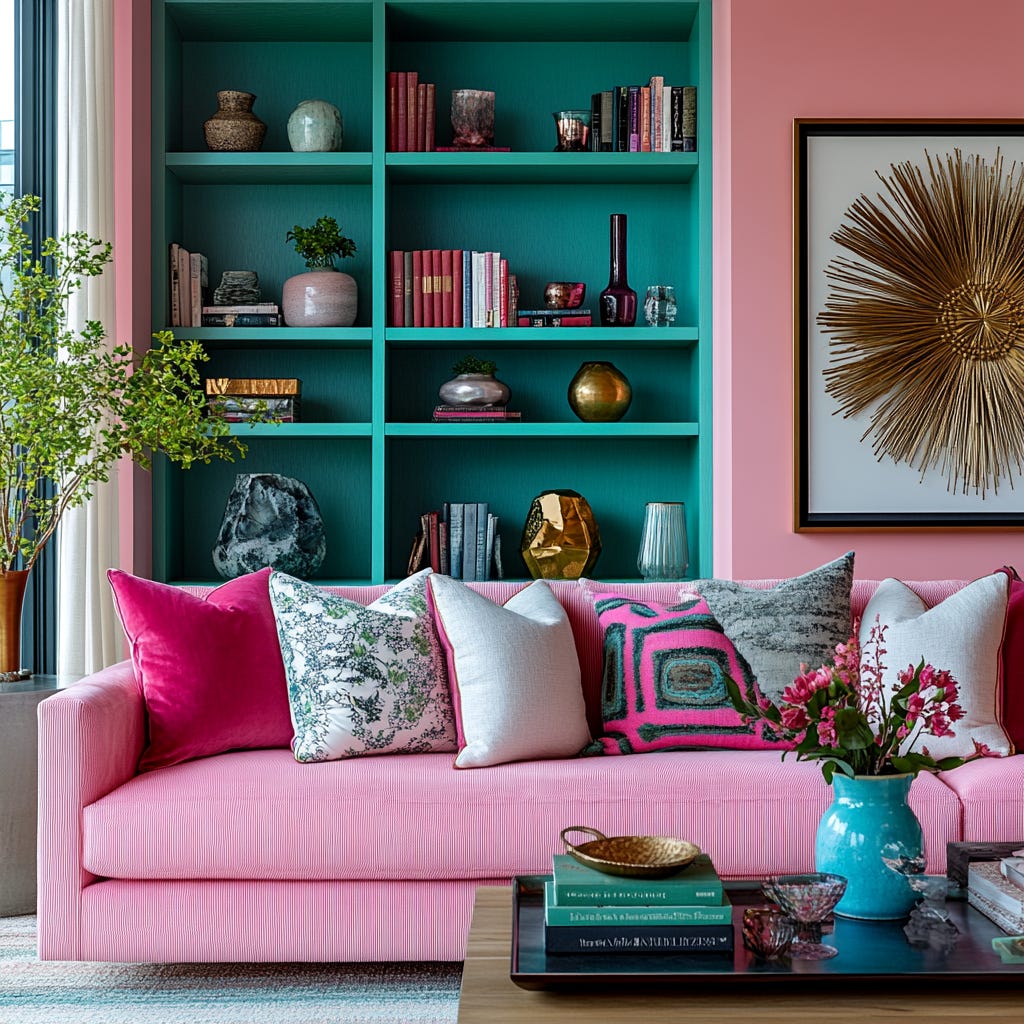 colourful modern living room with soft pink sofa, turquoise green in-built cabinets, pink walls, and collection of items on a tray on the coffee table, plush design interiors adelaide