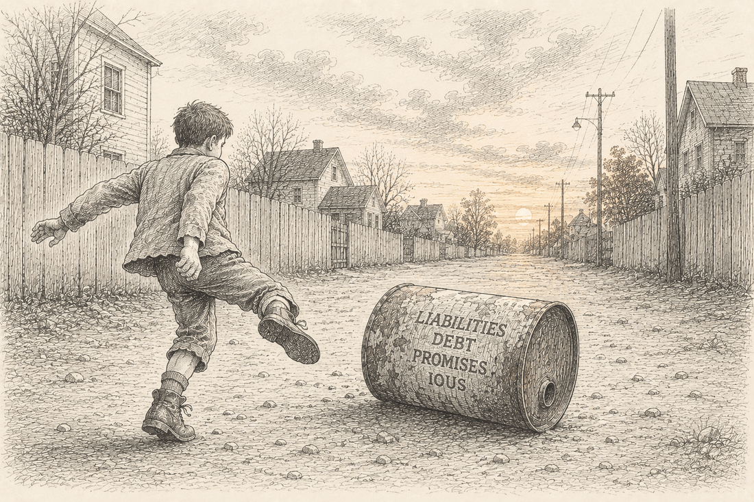 A boy kicks a battered can labeled Liabilities, Debt, Promises, IOUs down a quiet street at dusk.