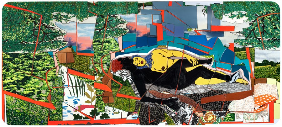 Mickalene Thomas, Sleep: Deux femmes noires, 2012. Rhinestones, acrylic, and enamel on wood panel, 108 x 240 in., 274.3 x 609.6 cm. Courtesy of the artist, Susanne Vielmetter Los Angeles Projects, and Artists Rights Society (ARS), New York. © 2012 by Mickalene Thomas. Permission to reprint may be obtained only from the artist.