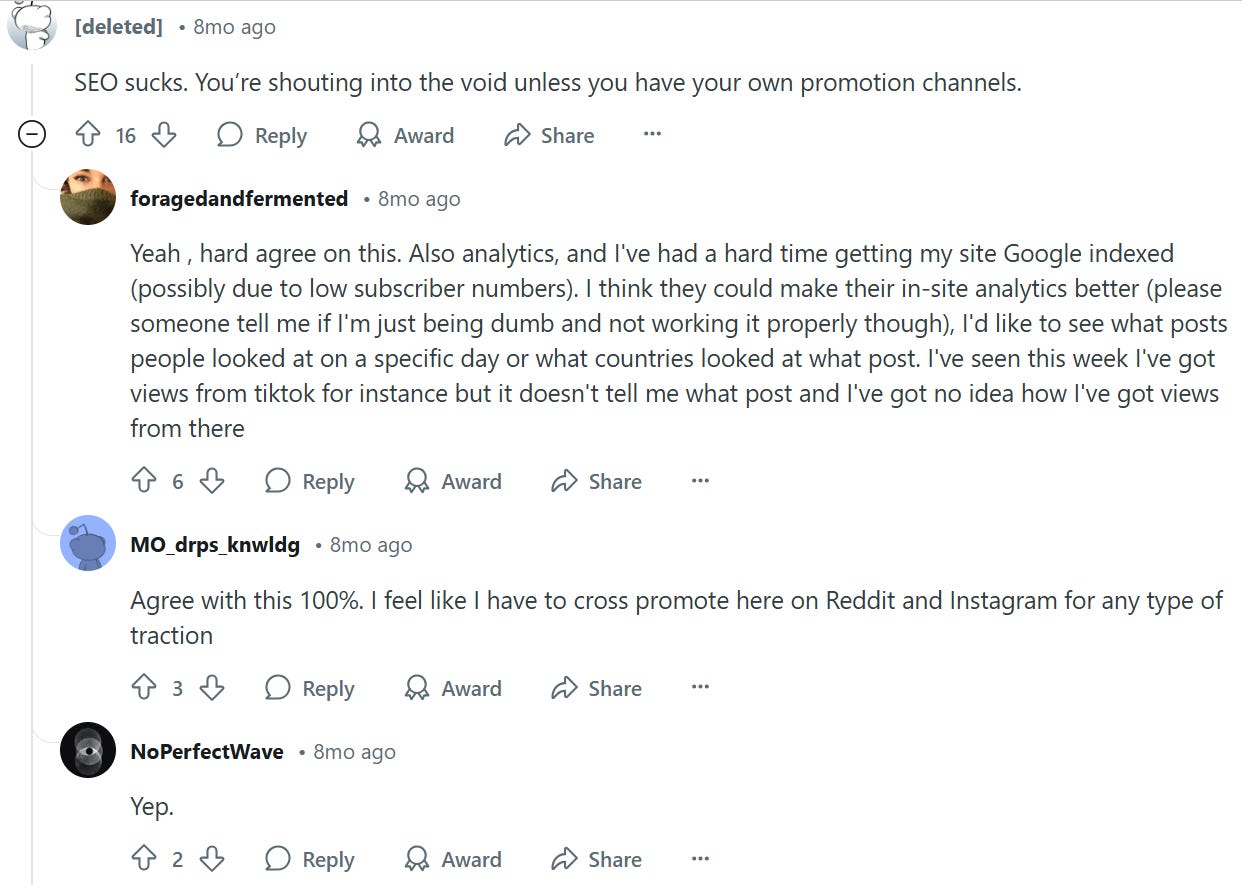 Screenshot of Reddit post about problems with Substack SEO
