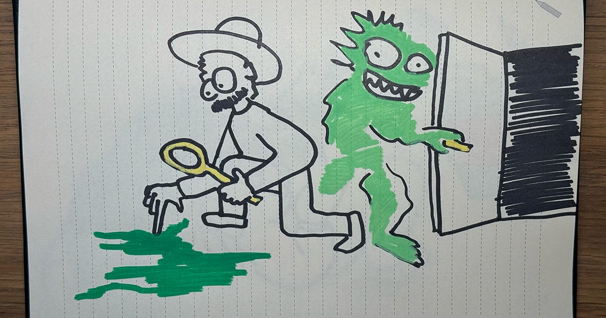 Illustration of an internal investigation after confidential information was uploaded to an AI tool. A detective examines a mysterious green spill while a ghost-like figure leaves through an open door, symbolising hidden risks, incident response and the investigation of AI-related data disclosures Illustration of an internal investigation after confidential information was uploaded to an AI tool. A detective examines a mysterious green spill while a ghost-like figure leaves through an open door, symbolising hidden risks, incident response and the investigation of AI-related data disclosures