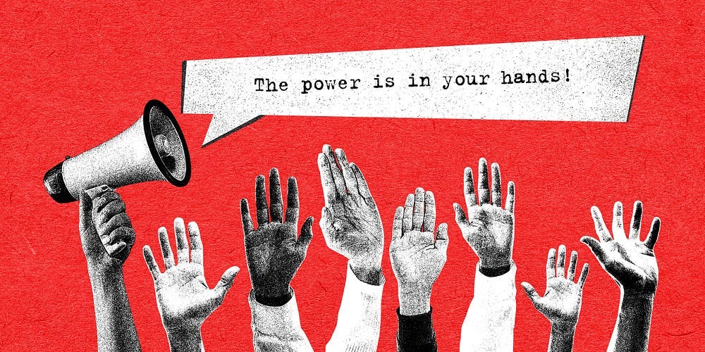 Image of several hands raised, one holding a bullhorn, with the words “The power is in your hands” in a caption next to the bullhorn.