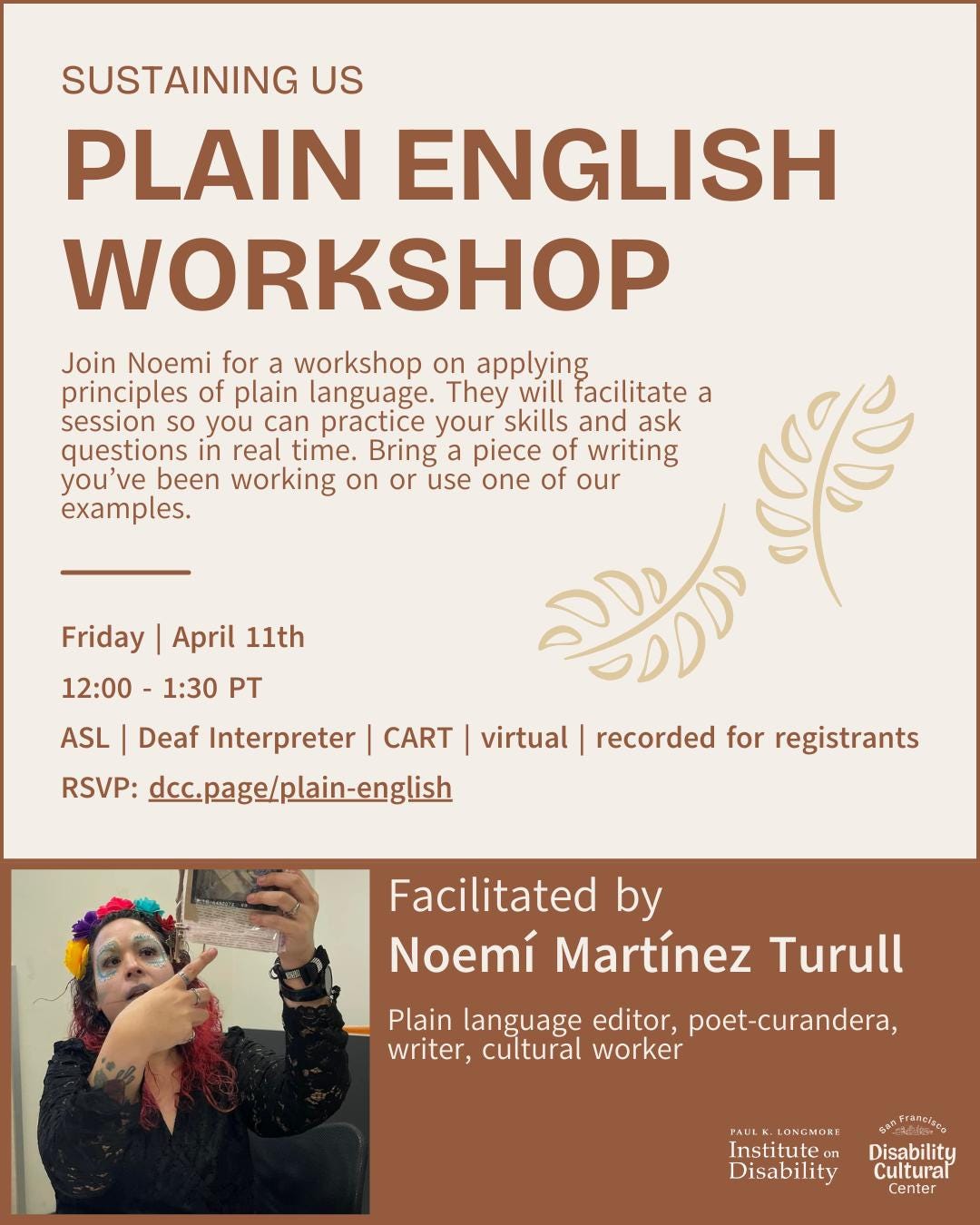 Sustaining Us: Plain English Workshop event graphic. Details in caption

