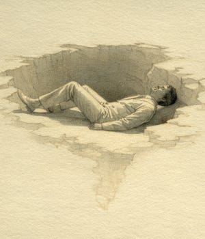 watercolor illustration of a flickering humanoid shape in a crater