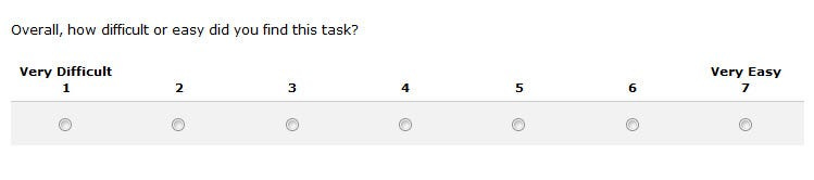 An image of the Single Ease Question, a scale that goes from 1 (very Difficult) to 7 (Very Easy) with the text, “Overall, how difficult or easy did you find this task?”)