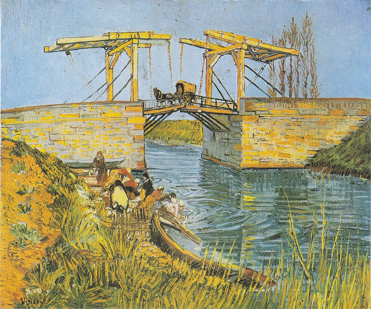 A wooden drawbridge over yellow water with a washerwoman A wooden drawbridge over yellow water with a washerwoman