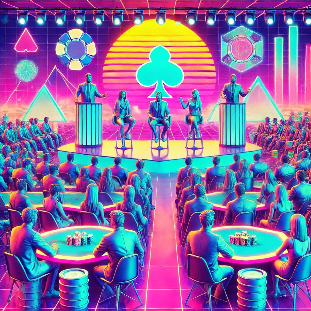 A futuristic, vaporwave-inspired scene of a major conference with young attendees, powerful entrepreneurs, and speakers on stage. Four speakers are giving a presentation while the audience listens attentively, surrounded by neon lights, geometric shapes, and futuristic decor. In the foreground, a high-stakes poker tournament is being played with glowing poker chips, adding an exciting element to the event. The setting is sunny and hot, with a focus on professional discussions, networking, and the unique blend of business and leisure activities. The vibrant colors, including neon pinks, purples, and blues, create a dynamic conference environment with a fun and engaging atmosphere.