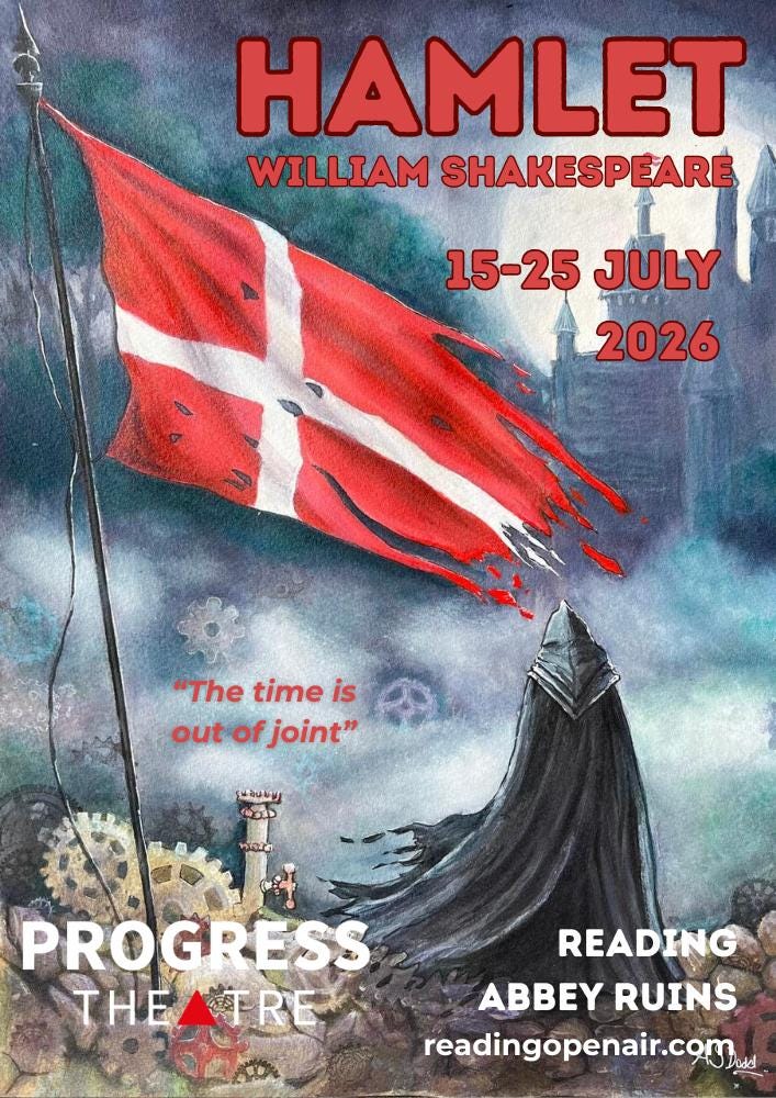Hamlet poster - moonlit castle with tattered Danish flag
