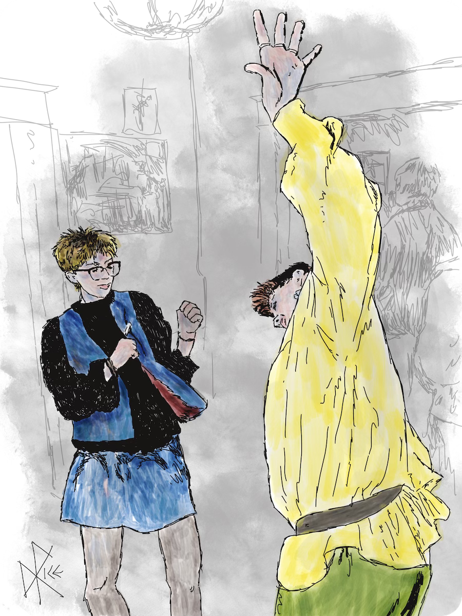 Women dancing at a house party. Sketch art by Don Rice. Women dancing at a house party. Sketch art by Don Rice.