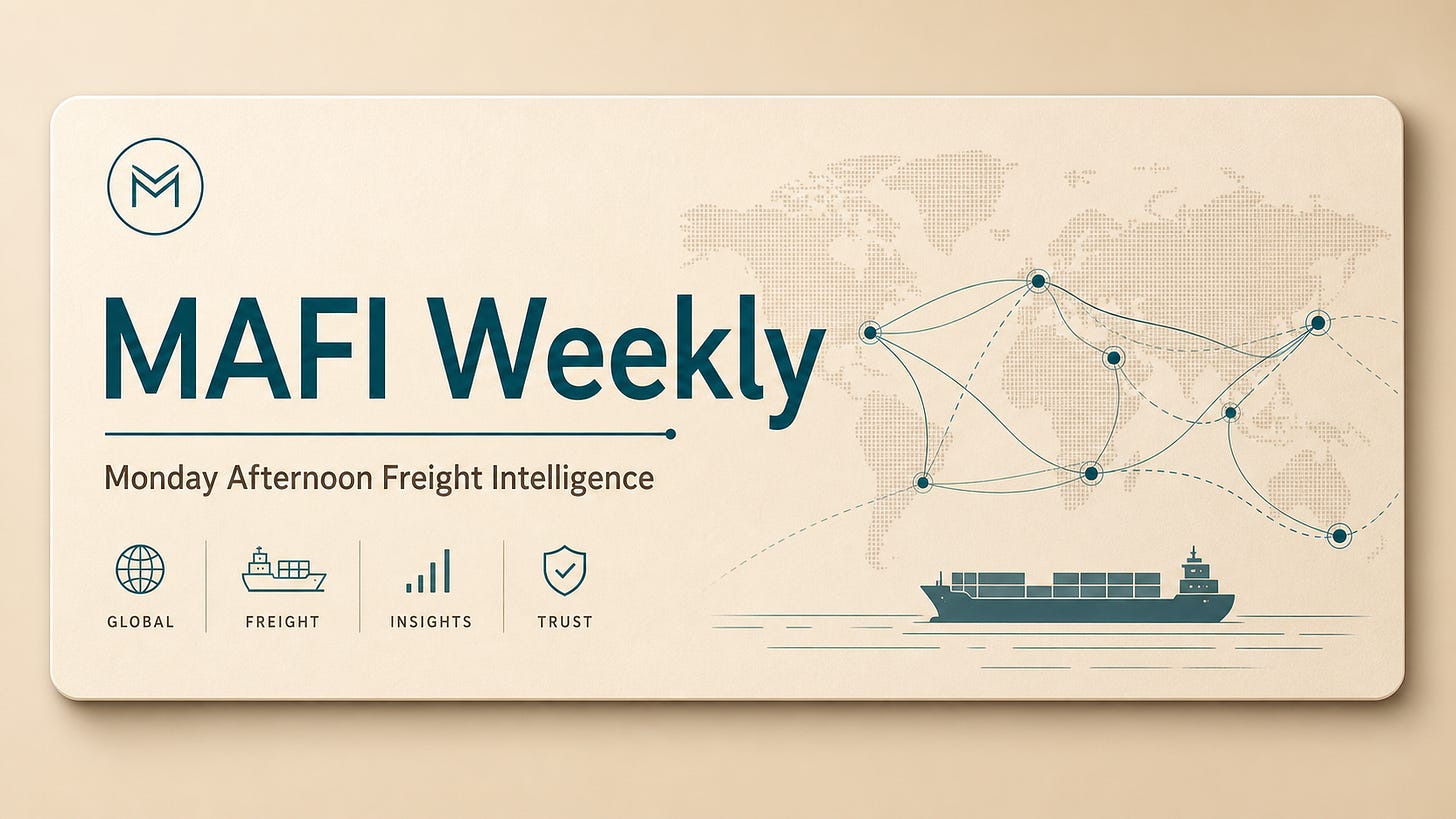 Header image for MAFI Weekly newsletter in FreightFA’s warm neutral and teal brand style. Header image for MAFI Weekly newsletter in FreightFA’s warm neutral and teal brand style.
