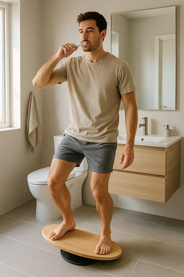 Mindfully brushing along with balancing on a wobble board.
