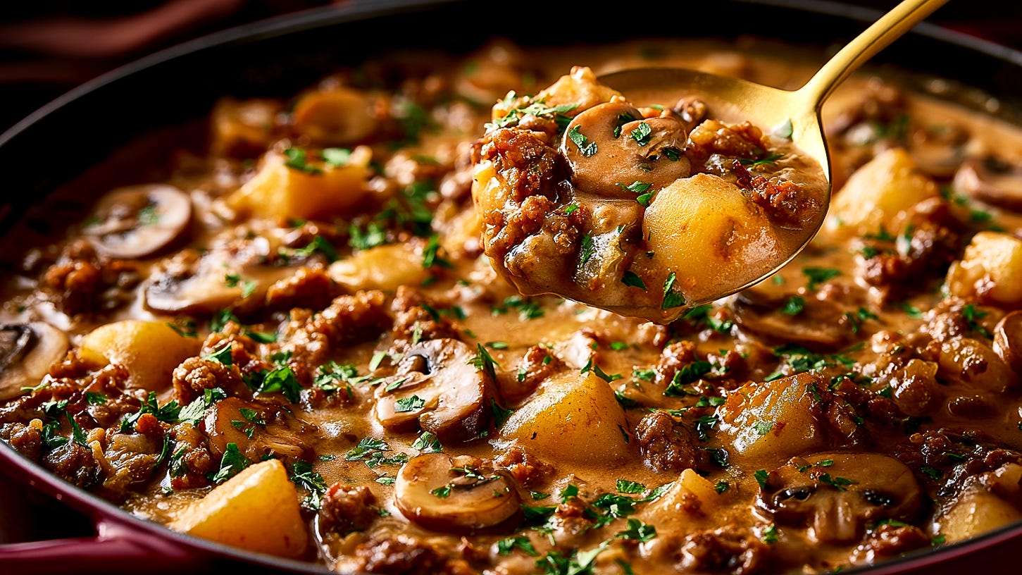 A close-up of an easy one-pan creamy ground beef, mushroom, and potato dinner skillet, garnished with fresh parsley.