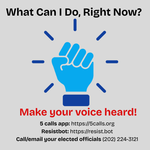 image has a blue fist, with a header of "What can I do, Right now?" and information on the 5 calls app, resistbot, can reaching out to your elected officials