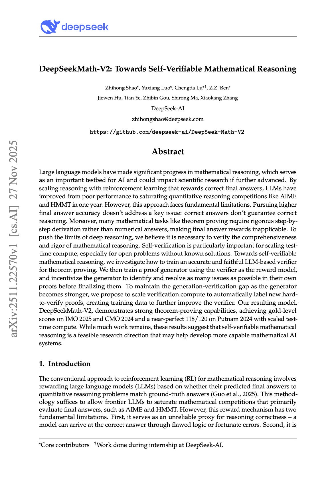 DeepSeekMath-V2: Towards Self-Verifiable Mathematical Reasoning DeepSeekMath-V2: Towards Self-Verifiable Mathematical Reasoning