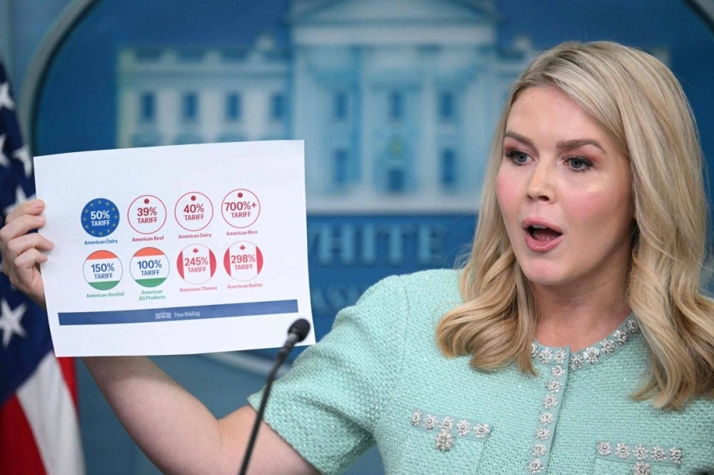 White House Press Secretary Karoline Leavitt holds up a piece of paper with information about tariff rates at the White House on Tuesday.