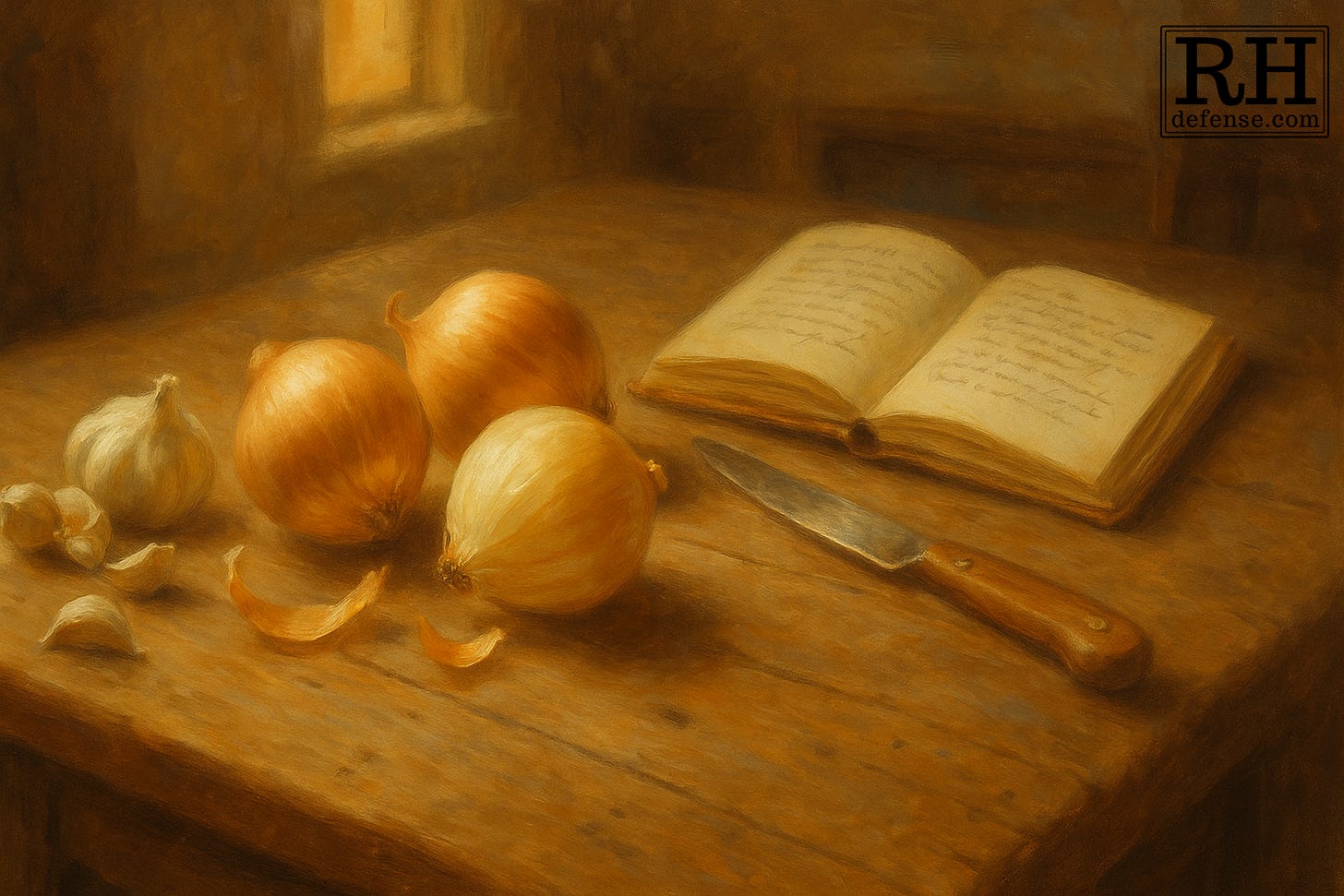 An oil painting–style still life shows peeled onions glistening beside garlic bulbs on a warmly lit kitchen table. A half-open notebook with handwritten notes rests nearby, and light from a nearby window catches the reflection of a small knife. The scene feels domestic yet melancholy, rendered in soft earth tones. An oil painting–style still life shows peeled onions glistening beside garlic bulbs on a warmly lit kitchen table. A half-open notebook with handwritten notes rests nearby, and light from a nearby window catches the reflection of a small knife. The scene feels domestic yet melancholy, rendered in soft earth tones.