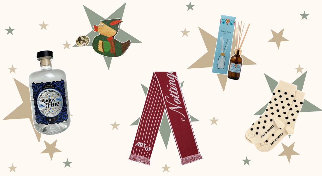A Nottingham gift guide picture with green and gold star icons and gin, scarf, duck pin, socks, and a reed diffuser on it A Nottingham gift guide picture with green and gold star icons and gin, scarf, duck pin, socks, and a reed diffuser on it