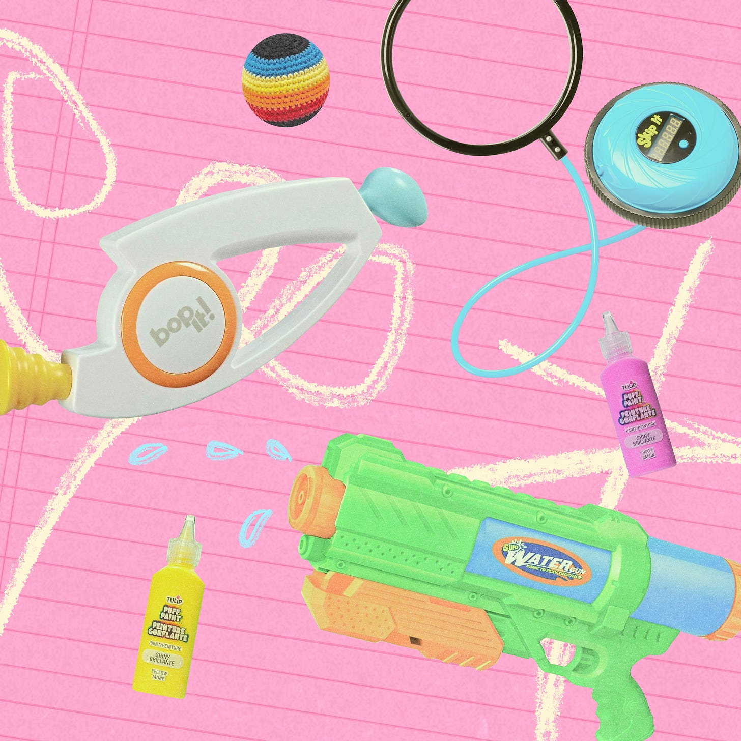 A flat lay of retro childhood toys on a pink background: a Bop It, a Skip It, a hacky sack, a Super Soaker, and puff paint bottles.
