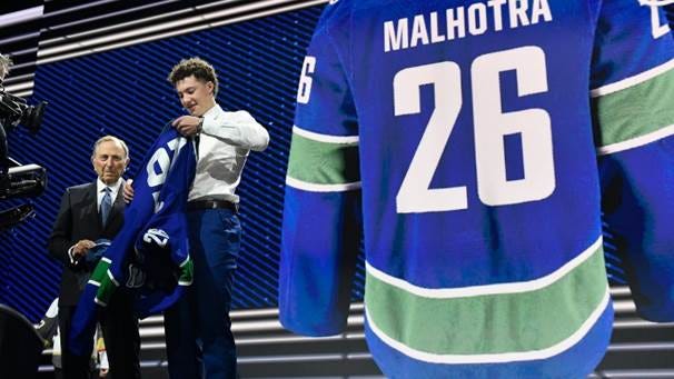 A teenager with curly brown hair prepares to put a blue and green jersey on over a dress shirt as he stands next to an older man. On the right, a giant blue and green jersey is visible with the number 26 on the back and the name MALHOTRA.