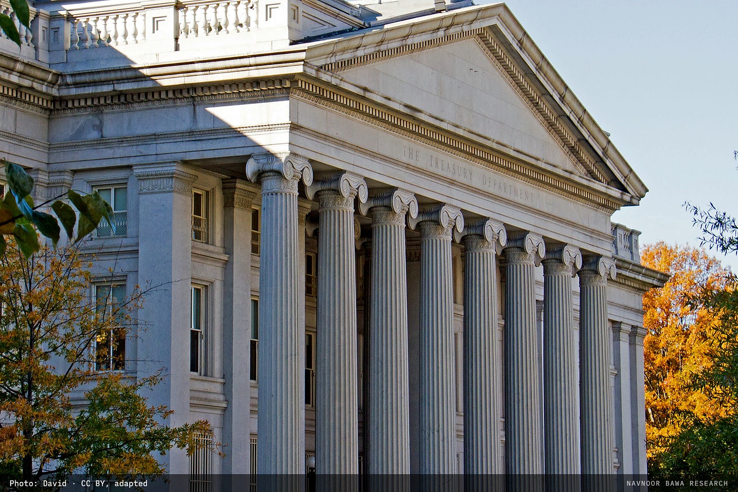 The US Treasury Building's Ionic colonnade in Washington, in autumn daylight