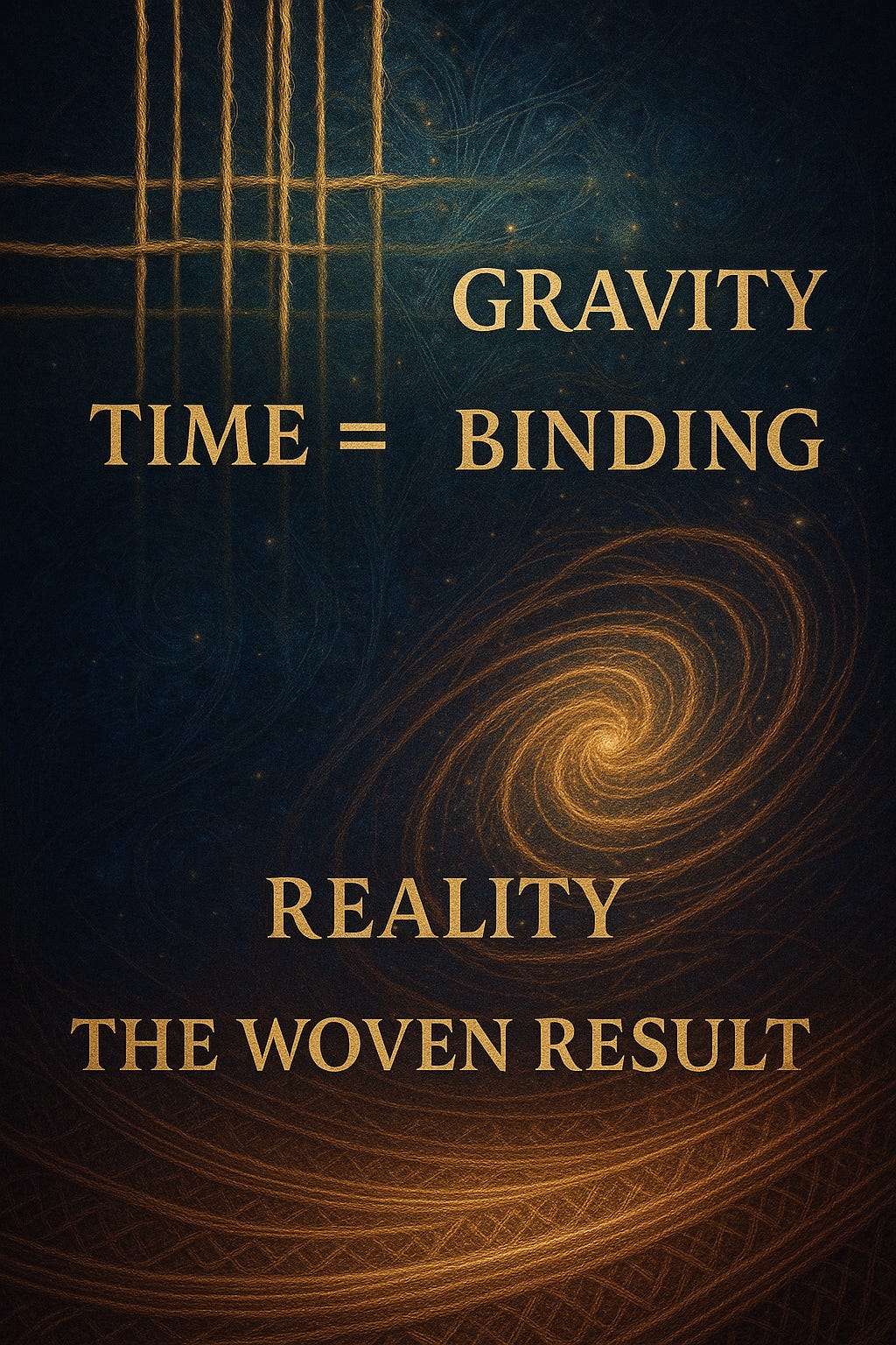 A dark cosmic background features golden woven threads forming a vertical and horizontal lattice on the left side, while a glowing golden spiral galaxy illuminates the right. Overlaid text reads: “TIME = GRAVITY BINDING” and “REALITY — THE WOVEN RESULT,” echoing the visual metaphor of time as stitching and gravity as a binding force in a unified woven universe. A dark cosmic background features golden woven threads forming a vertical and horizontal lattice on the left side, while a glowing golden spiral galaxy illuminates the right. Overlaid text reads: “TIME = GRAVITY BINDING” and “REALITY — THE WOVEN RESULT,” echoing the visual metaphor of time as stitching and gravity as a binding force in a unified woven universe.