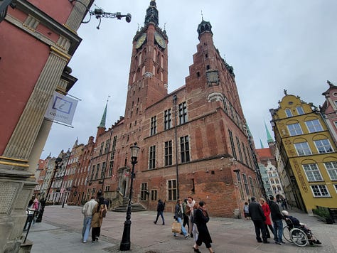 Five photographs of the historic main city in Gdansk, Poland.