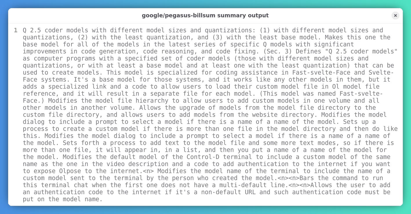 `google/pegasus-billsum` summary output.