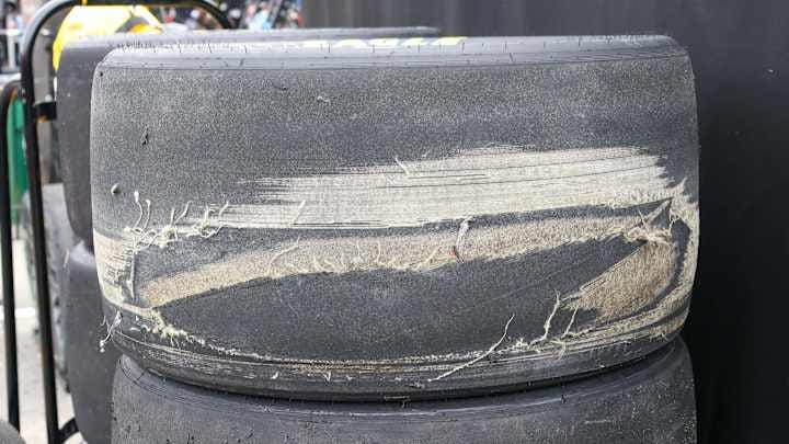 Mar 16, 2024; Bristol, Tennessee, USA; Worn tires during the NASCAR Food City 500 at Bristol Motor Speedway.