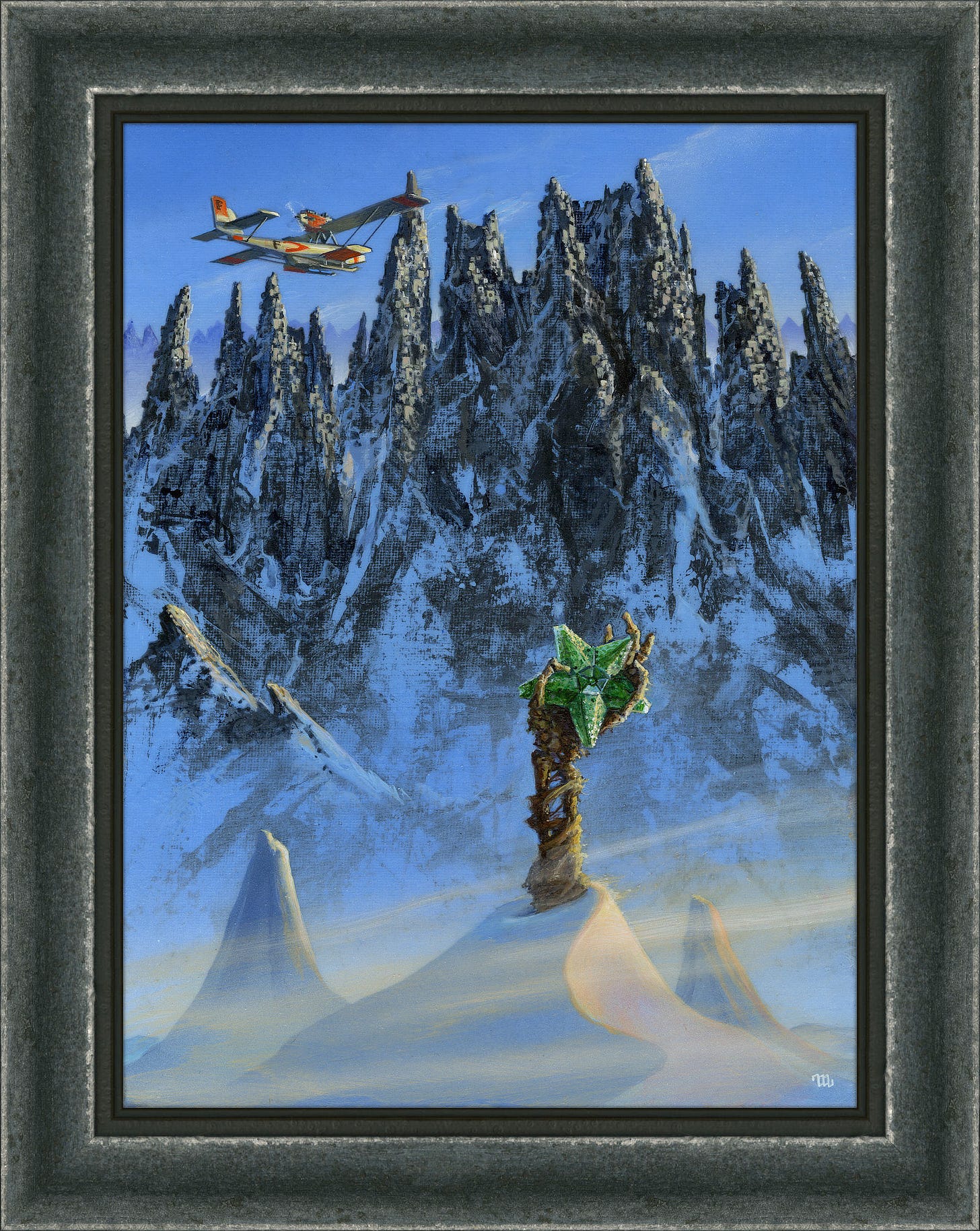 Study for AT THE MOUNTAINS OF MADNESS featuring a plane flying toward mountain peaks that on closer examination are have cubic structures in the stone. Snow accumulates in the crags, packed more densely lower on the slope. In the immediate foreground, the skeletal remains of a human arm thrust out of the snow with a green five-pointed star gripped in its bony fingers. Study for AT THE MOUNTAINS OF MADNESS featuring a plane flying toward mountain peaks that on closer examination are have cubic structures in the stone. Snow accumulates in the crags, packed more densely lower on the slope. In the immediate foreground, the skeletal remains of a human arm thrust out of the snow with a green five-pointed star gripped in its bony fingers.