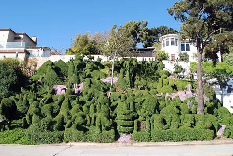 Various examples of topiary design, from ancient Rome to suburban California.