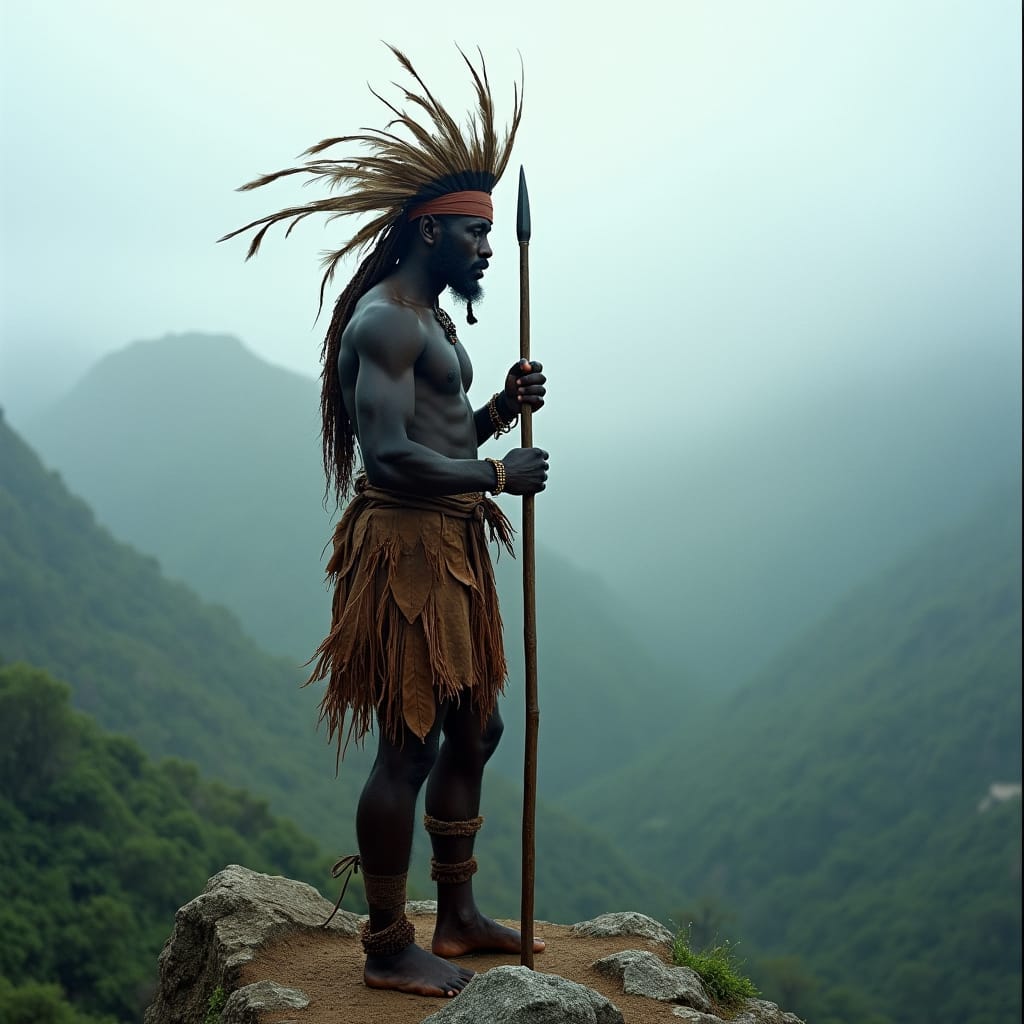 Depicting the fierce resilience of the Maroons, who fought from 1728 to 1739 against British colonial forces in Jamaica, this image captures the strength and determination of communities of escaped Africans who found refuge in the island’s rugged interior.