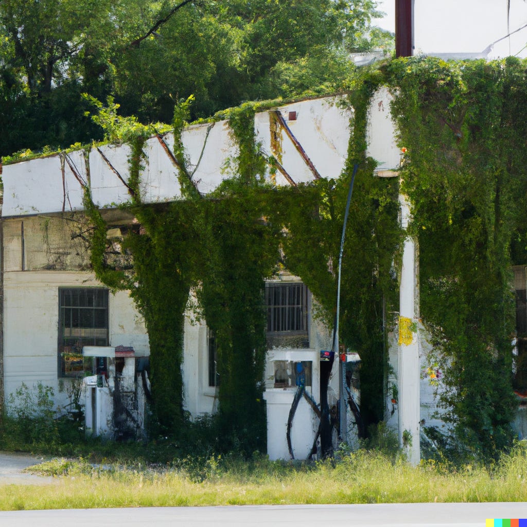 typical corner gas station 25 years in the future, overgrown with vines and starting to fall apart